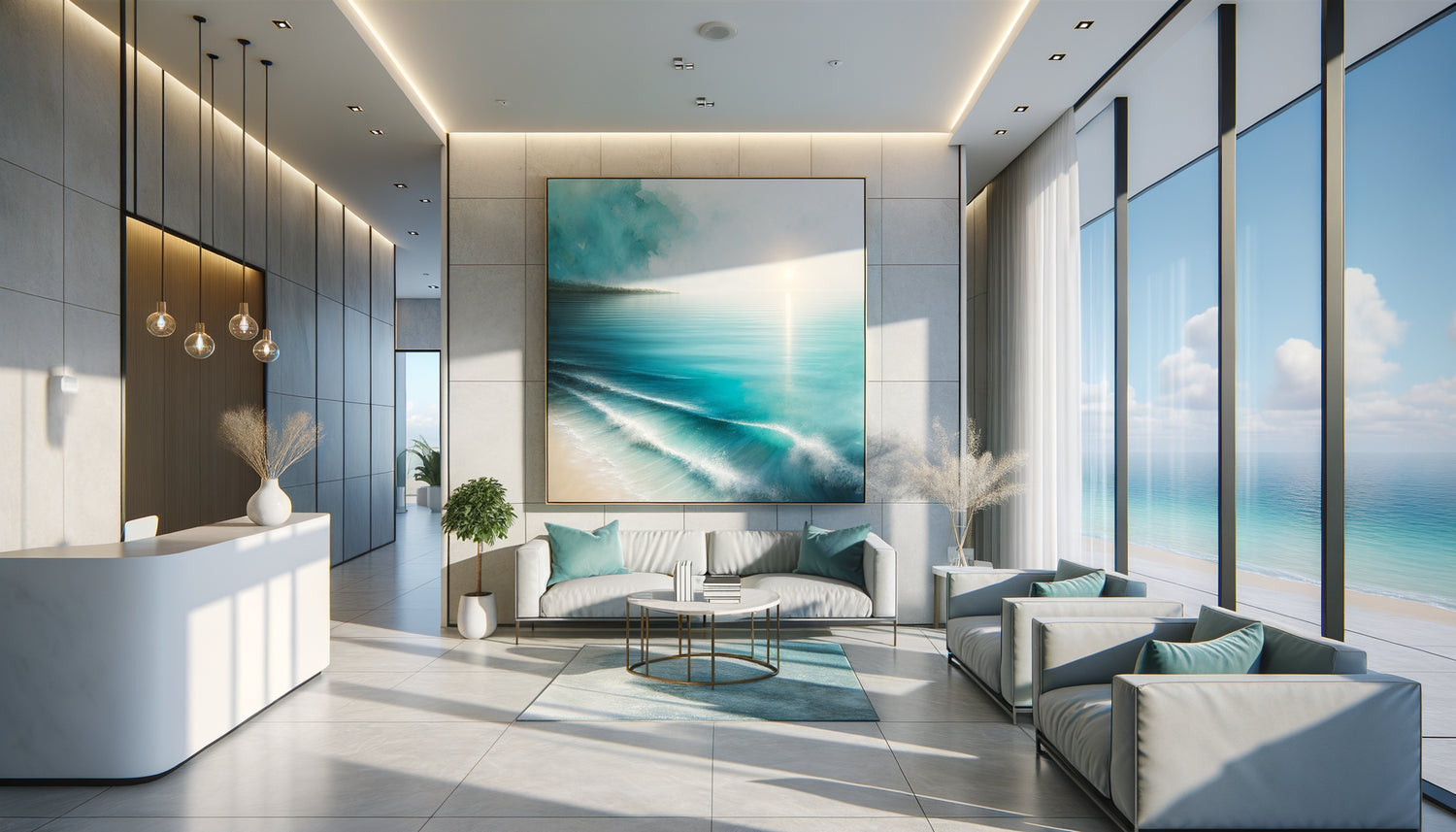 Cabinet professionnel côtier moderne décoré d'un tableau abstrait aux tons aquatiques bleus et turquoise harmonisés avec la vue maritime