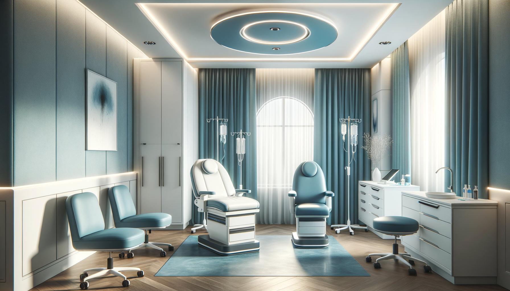 Intérieur de cabinet médical européen contemporain aux tons bleus dominants, illustrant la stratégie chromatique apaisante