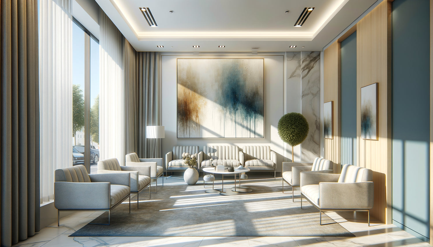 Salle d'attente de cabinet médical moderne avec œuvre d'art originale abstraite authentique sur le mur