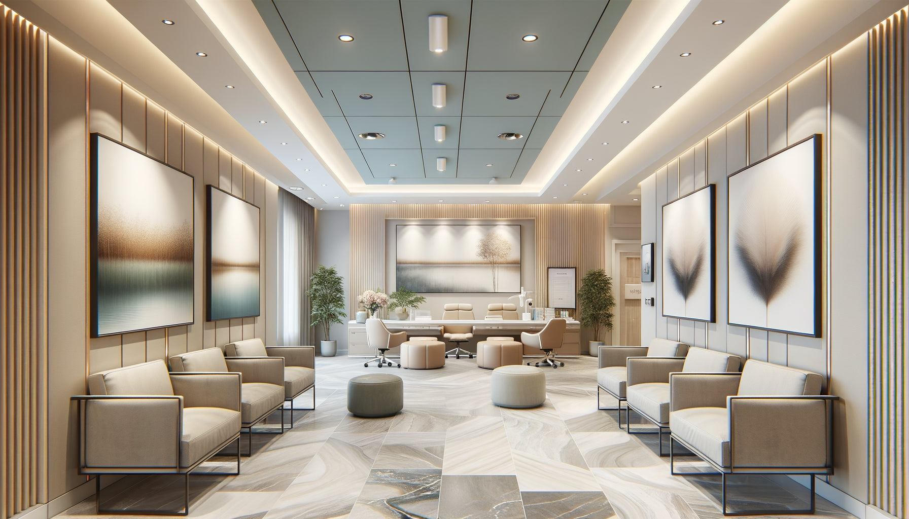 Salle d'attente moderne de cabinet médical multi-praticiens avec tableaux harmonieusement répartis sur les murs