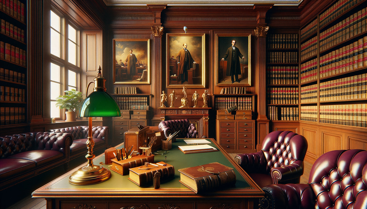 Intérieur de cabinet notarial centenaire avec tableaux figuratifs classique et contemporain côte à côte sur boiseries