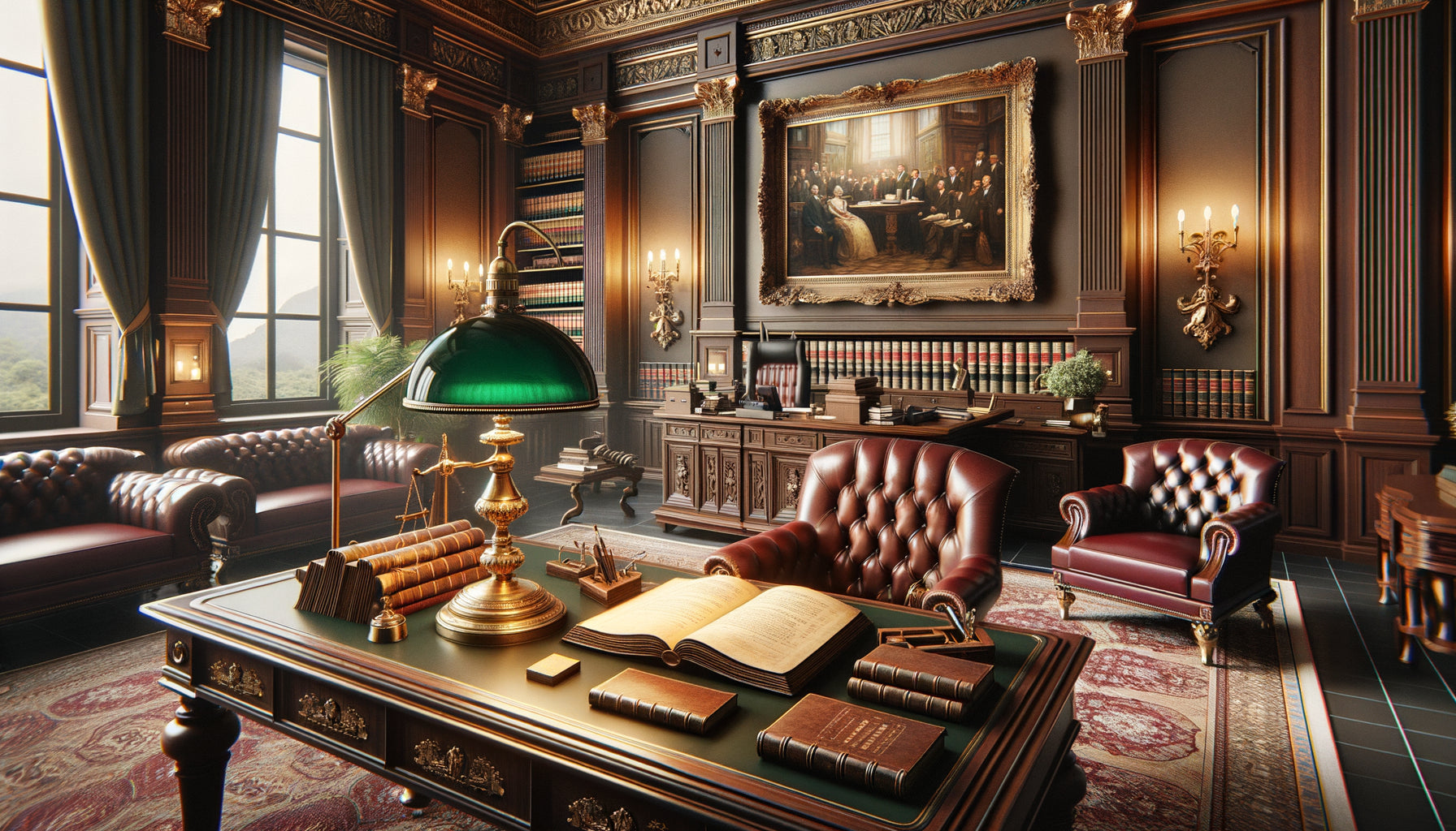 Bureau notarial élégant alliant mobilier ancien, tableaux classiques et touches contemporaines raffinées sur trois générations