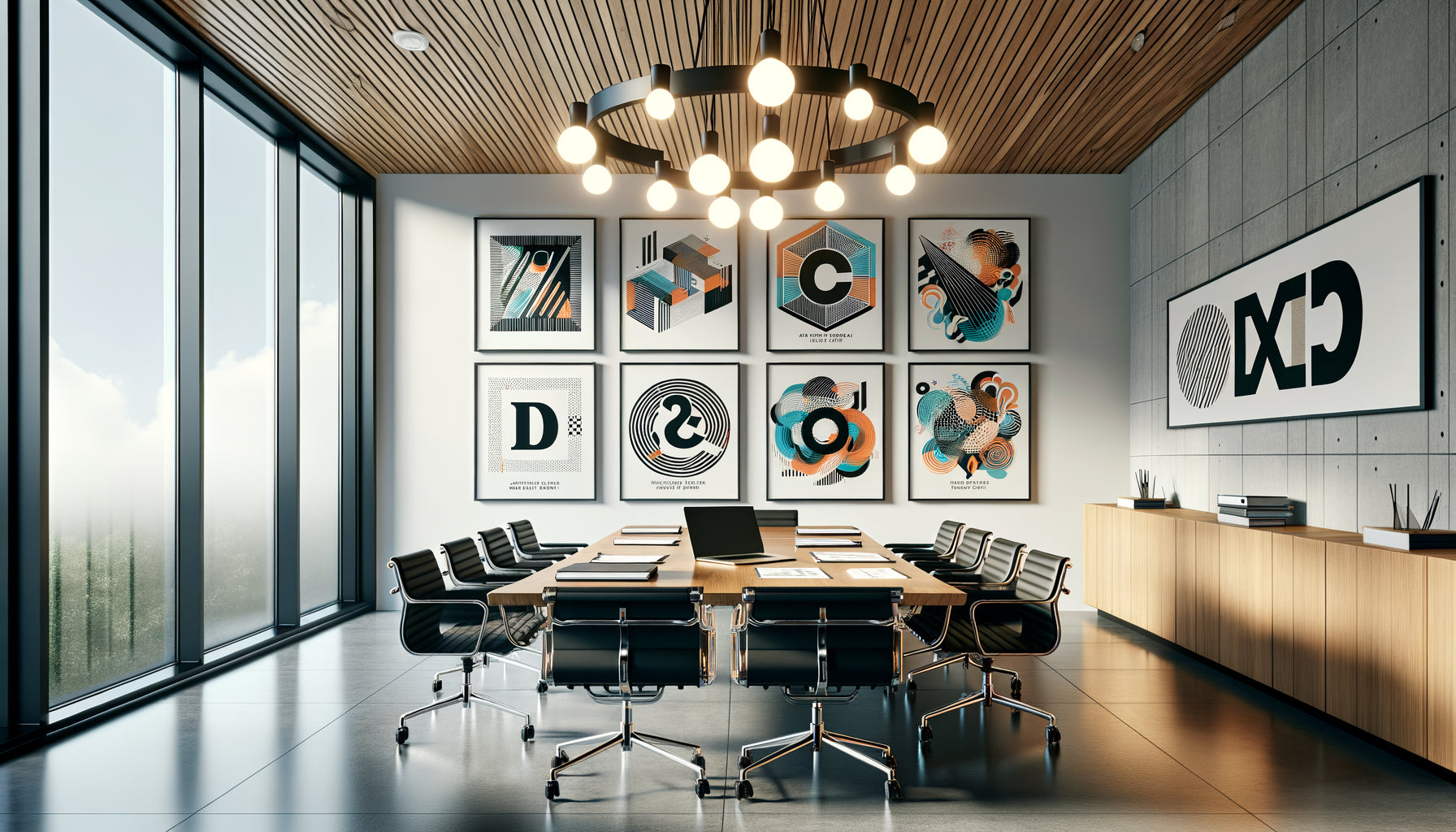 Intérieur contemporain de cabinet de propriété intellectuelle avec œuvres d'art graphique originales exposées