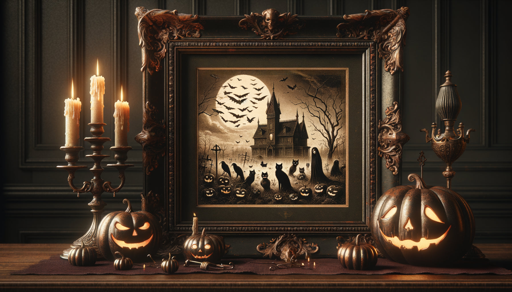 Illustration Halloween victorienne années 1880 dans cadre ancien en bois sombre avec dorures patinées, esthétique gothique authentique