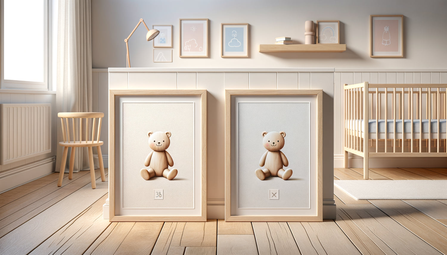 Comparaison de cadres en bois brut naturel et laqué blanc pour chambre d'enfant sécurisée
