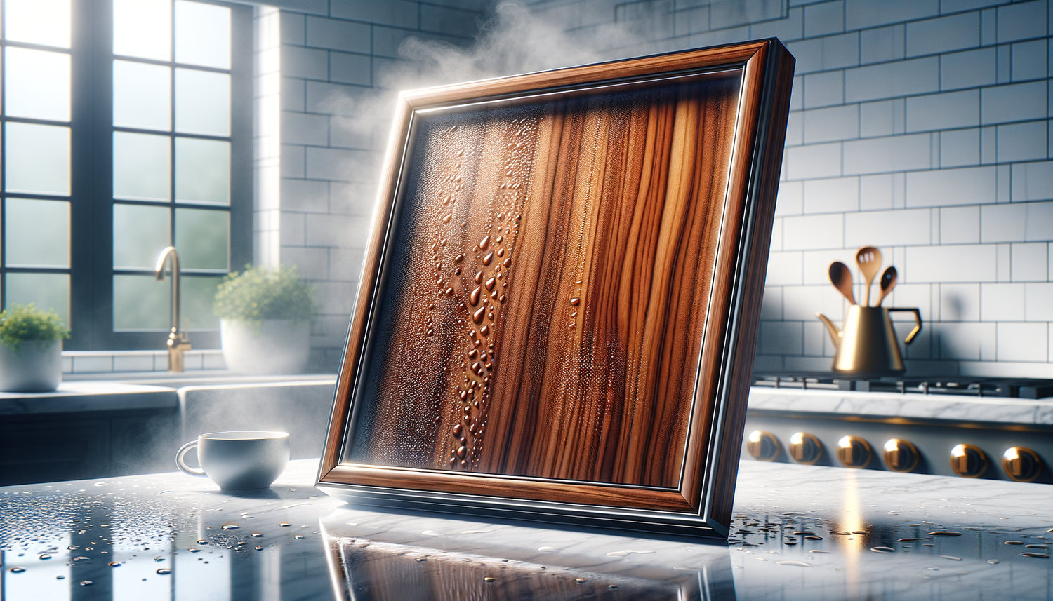 Cadre en bois laqué brillant résistant à l'humidité avec finition polyuréthane dans une cuisine moderne