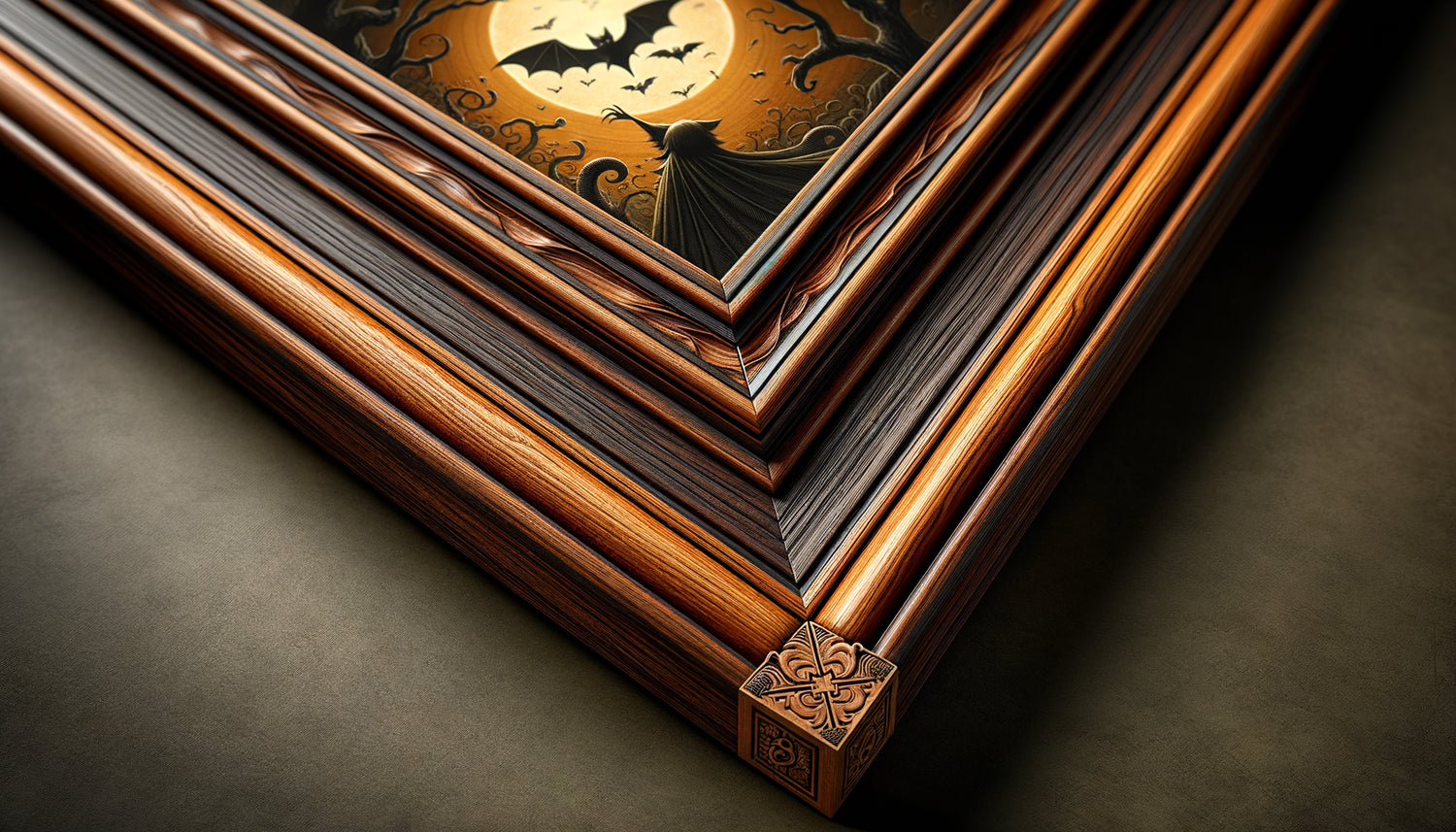 Détail de cadres en bois noble pour tableau Halloween : chêne patiné, noyer satiné et érable huilé