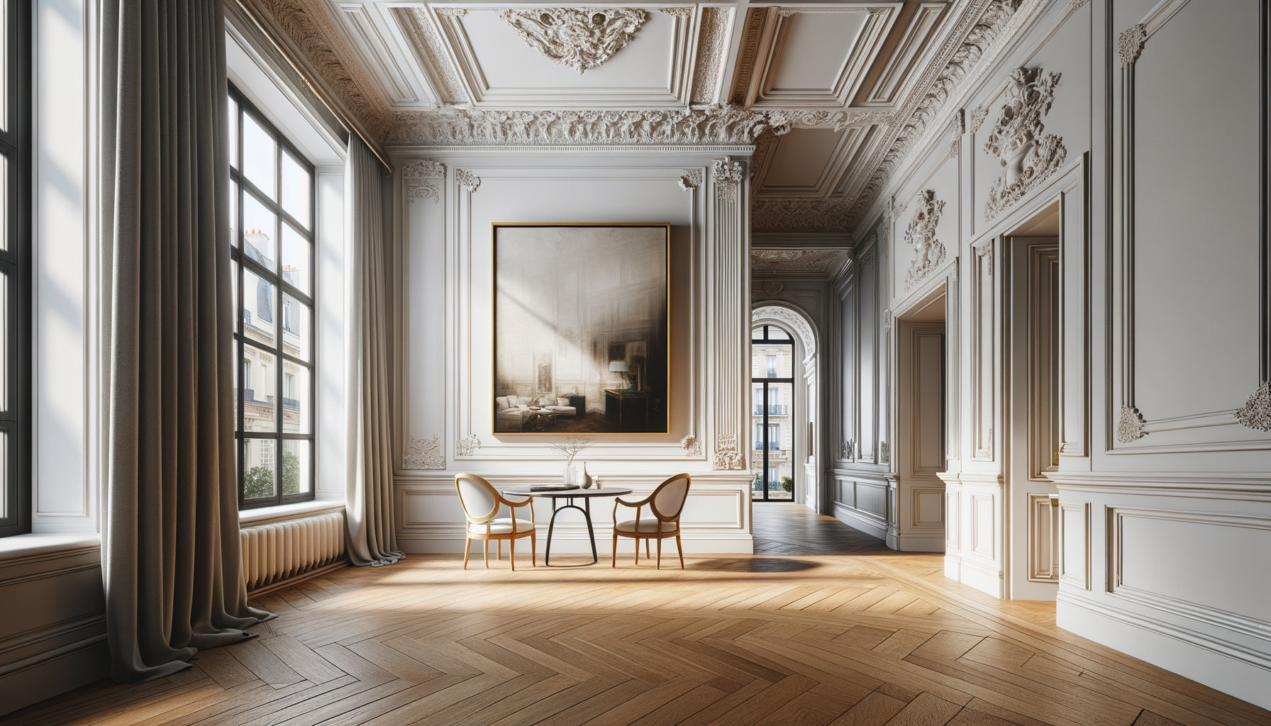 Intérieur d'appartement haussmannien avec moulures et parquet, tableaux en cadre doré et cadre noir côte à côte