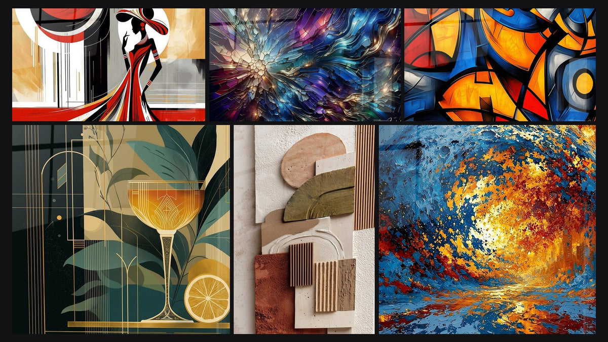 Mosaik aus sechs Gemälden, darunter Kunst der Raffinesse und Geometrische Formen Bild farbig
