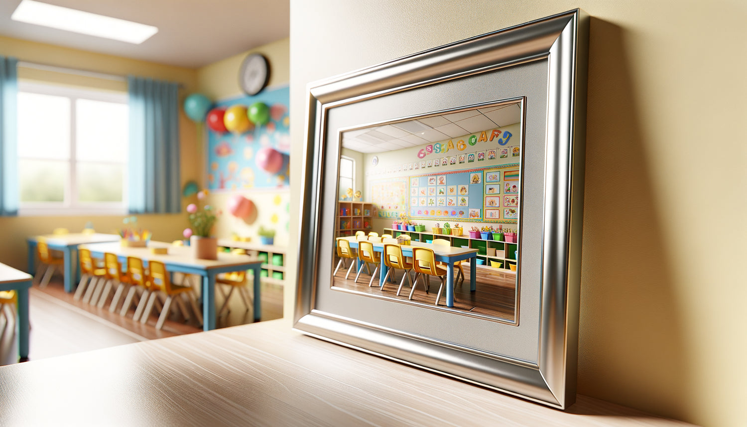 Cadre en aluminium sans échardes avec coins arrondis sécurisés dans classe maternelle grande section