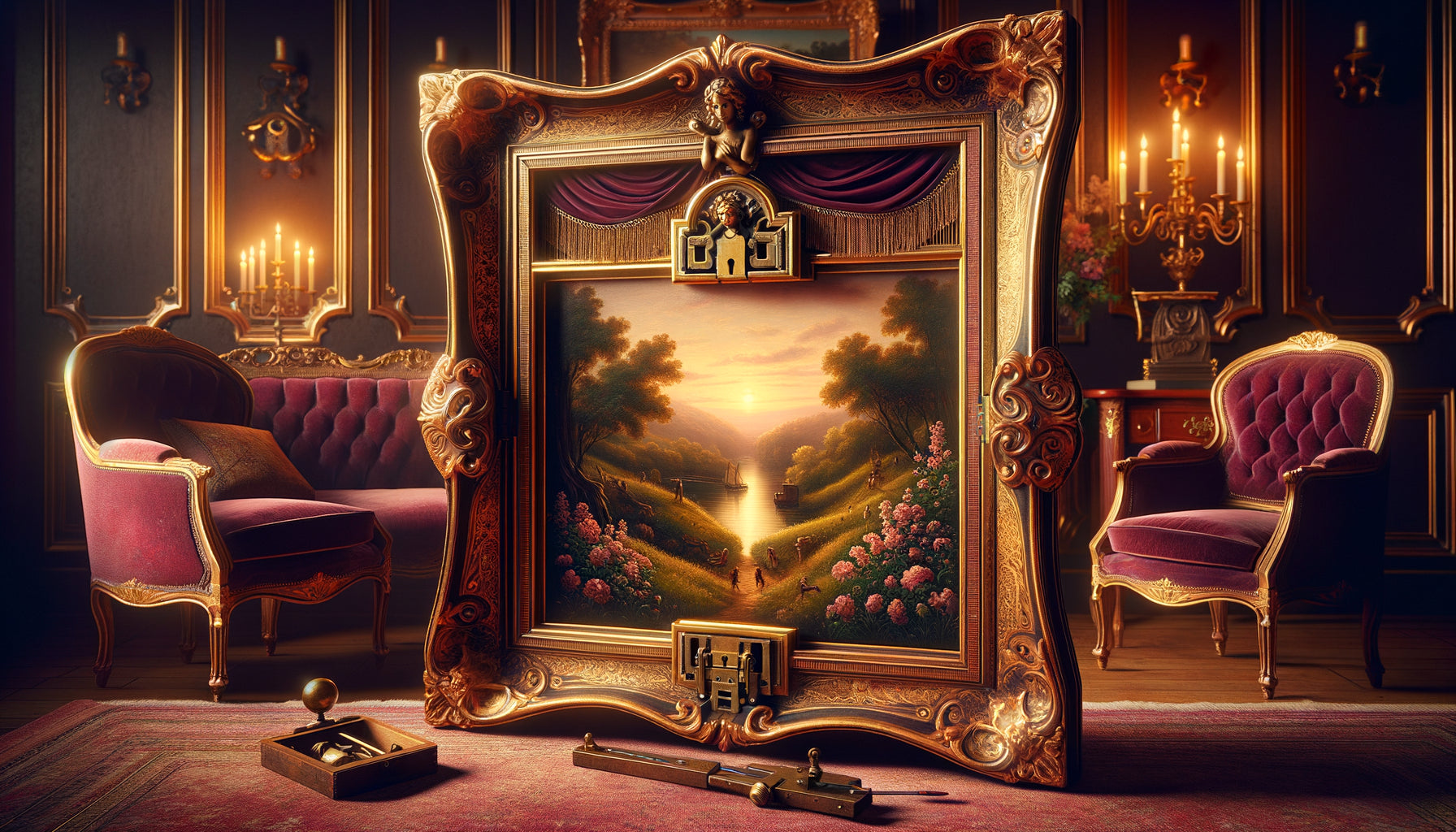 Cadre à double fond du XIXe siècle révélant un mécanisme secret dissimulant tableau érotique derrière œuvre innocente