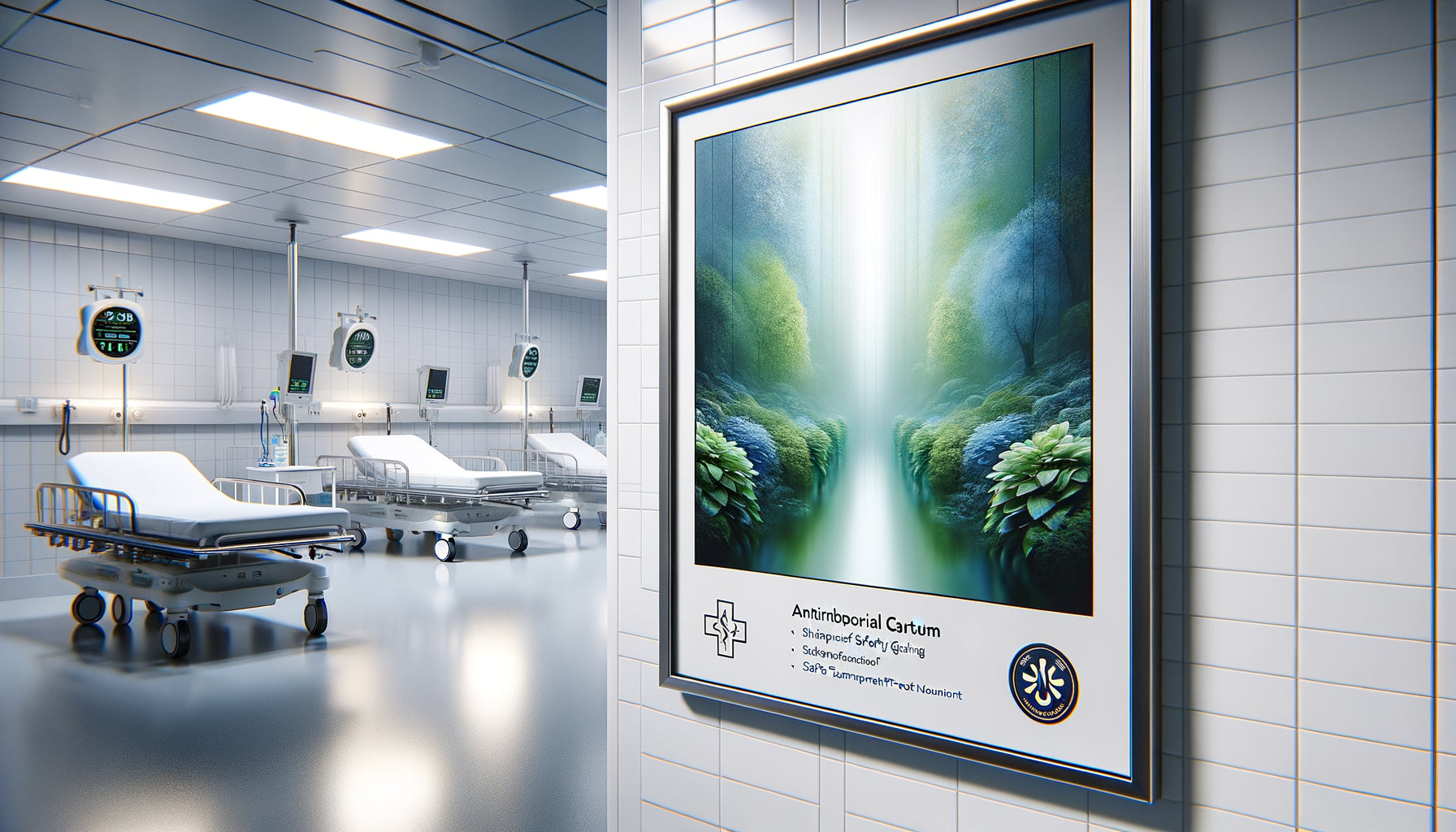 Cadre médical sécurisé en aluminium antimicrobien avec vitrage incassable, monté sur mur d'hôpital contemporain