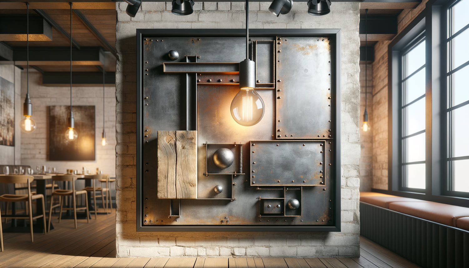 Cadre métallique industriel sur mur de briques avec poutre apparente dans restaurant style loft