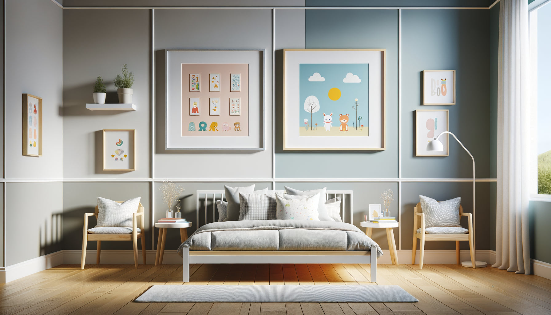 Comparaison cadres aluminium léger et bois naturel dans chambre d'enfant moderne style scandinave