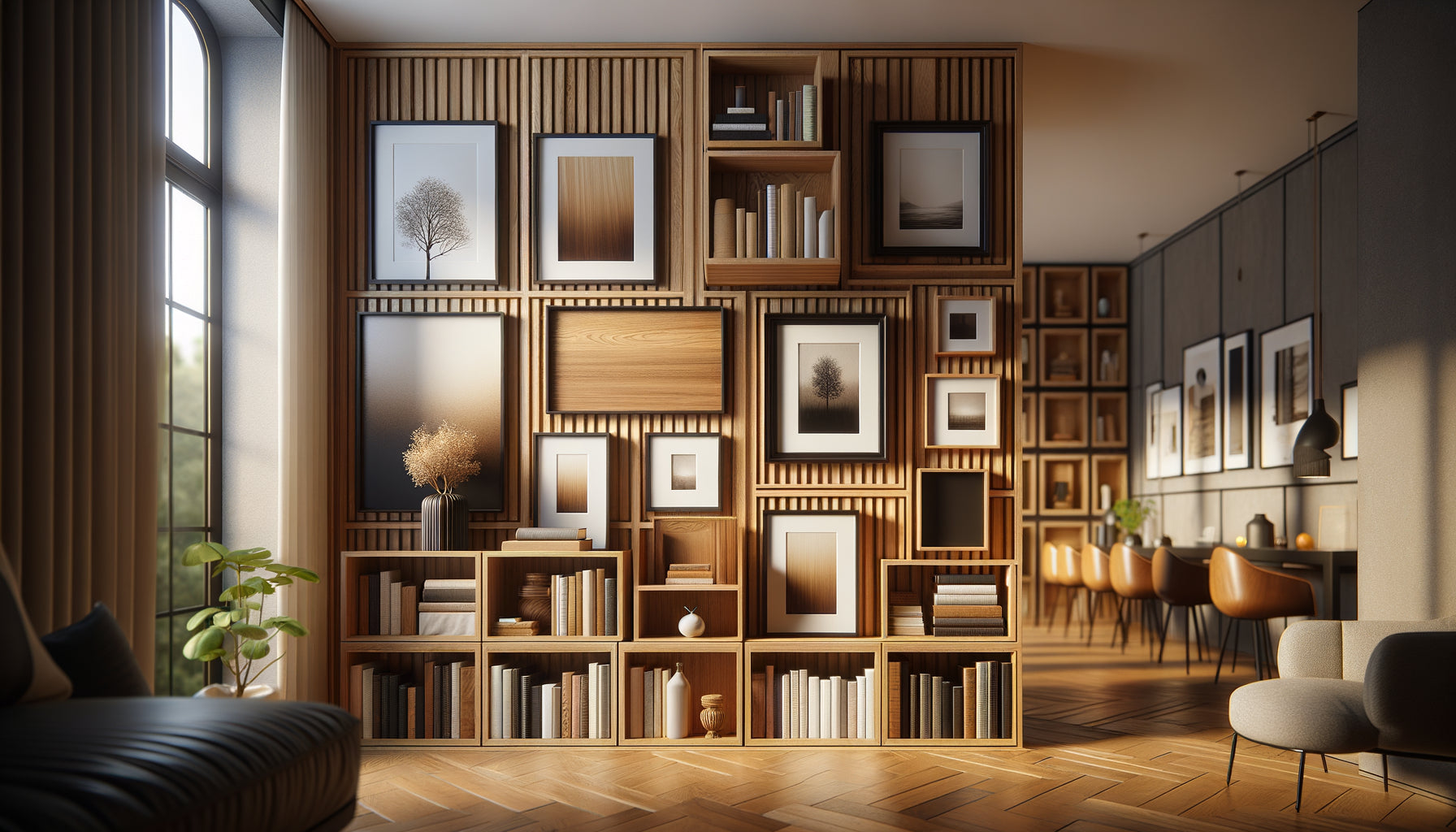 Bibliothèque en bois avec cadres assortis et contrastés illustrant les deux approches décoratives