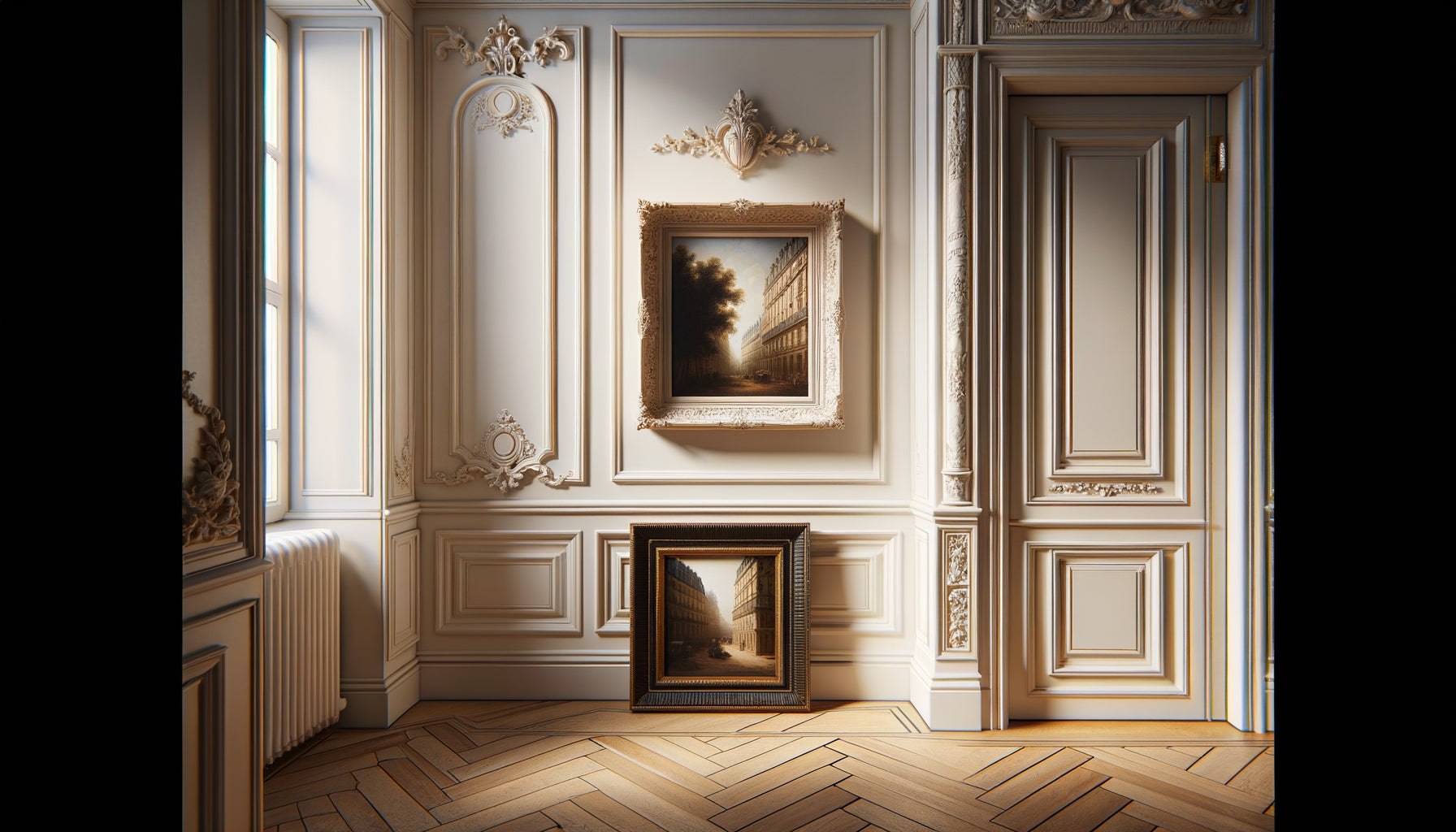 Intérieur haussmannien montrant cadres assortis et contrastés avec boiseries blanches et portes