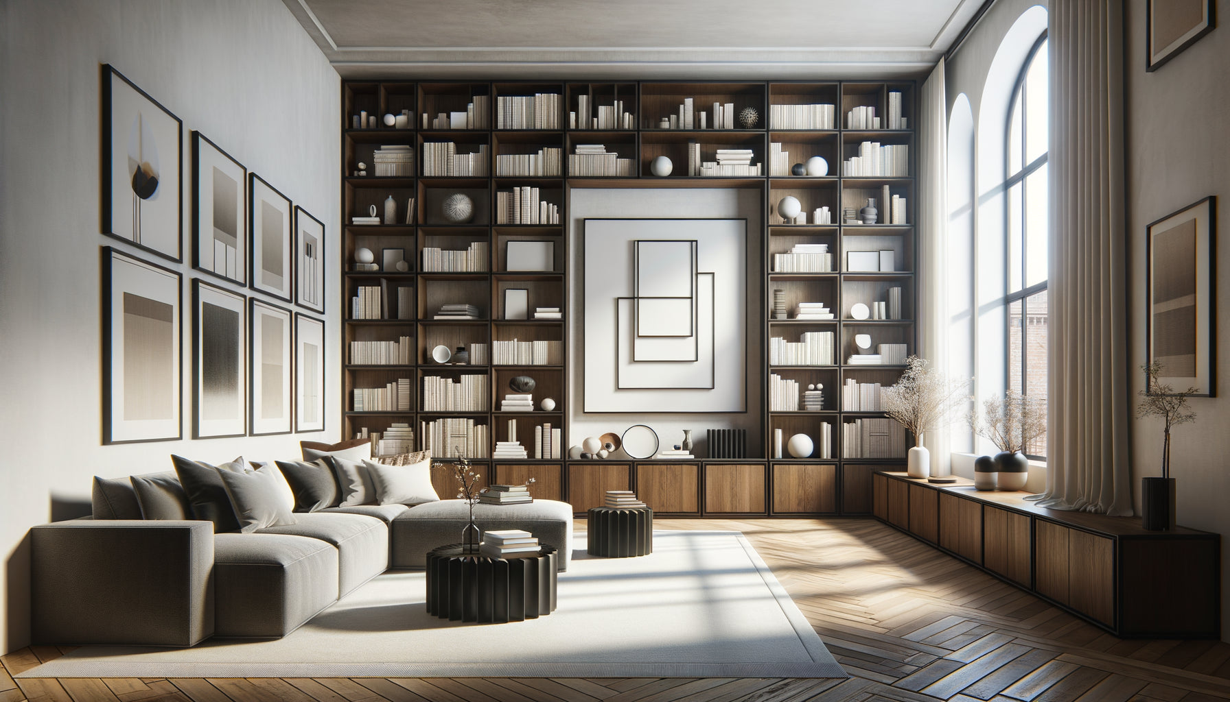 Intérieur moderne avec étagères massives et cadres fins en métal créant légèreté visuelle