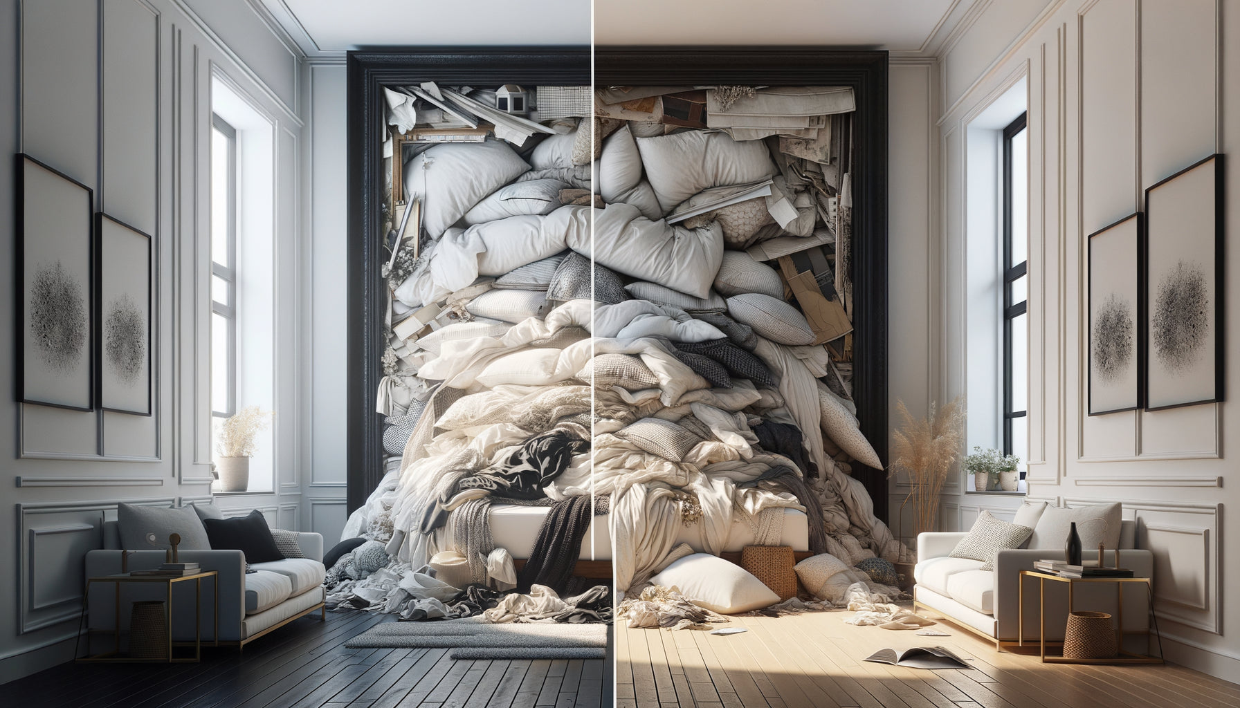 Comparaison chambre avec cadre imposant étouffant versus cadre fin créant légèreté et espace