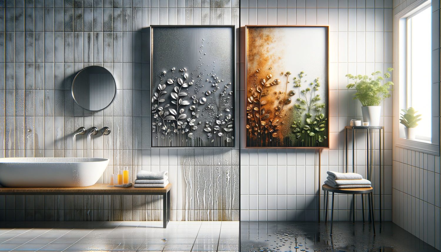 Comparaison de cadres métalliques en salle de bain : inox intact versus acier oxydé avec rouille