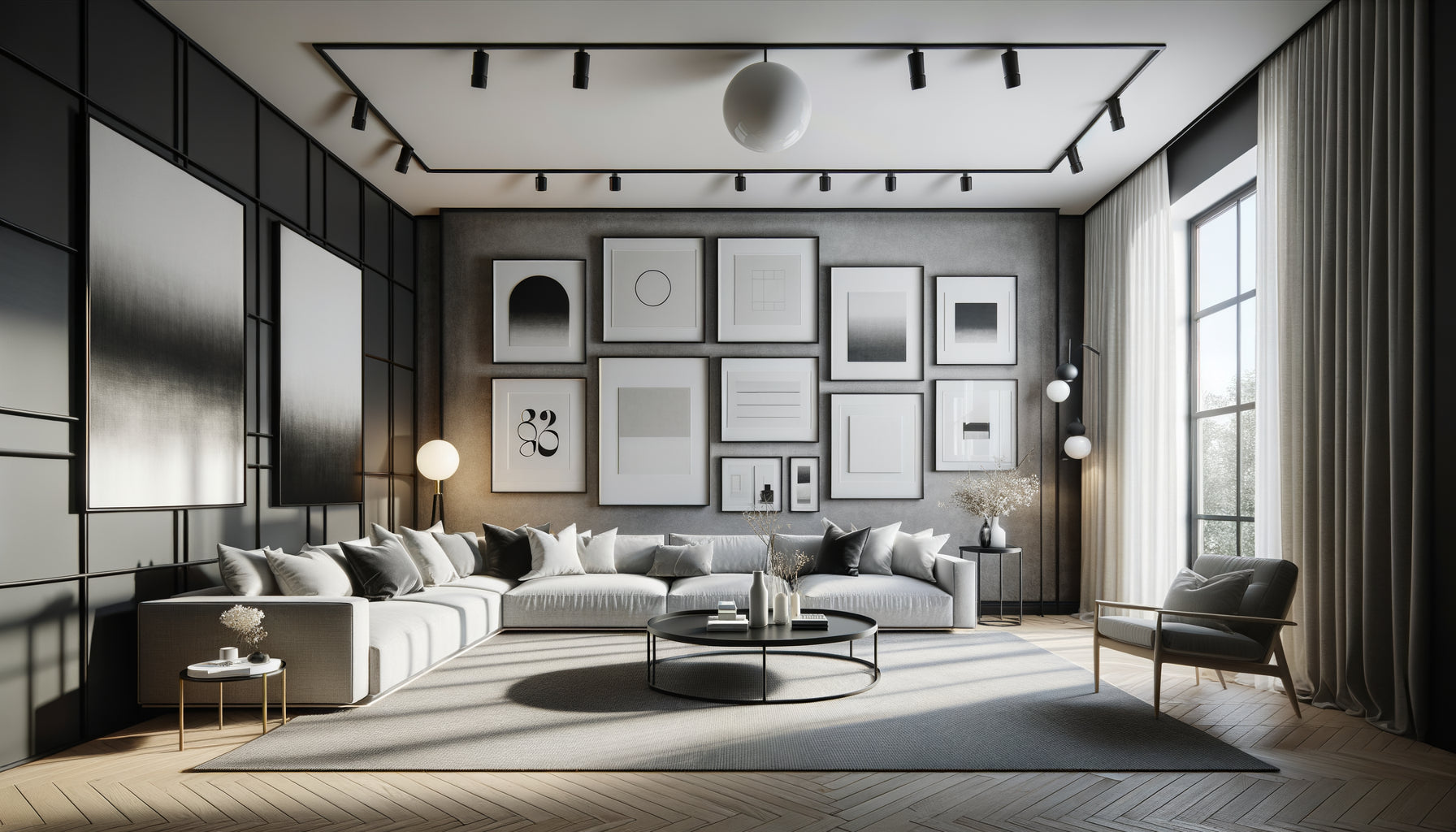Salon Airbnb moderne avec mur galerie d'œuvres encadrées en noir créant une ambiance élégante et haut de gamme