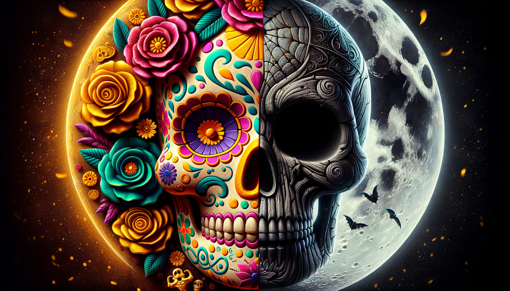 Comparaison visuelle entre calavera mexicaine colorée du Día de Muertos et crâne sombre d'Halloween américain