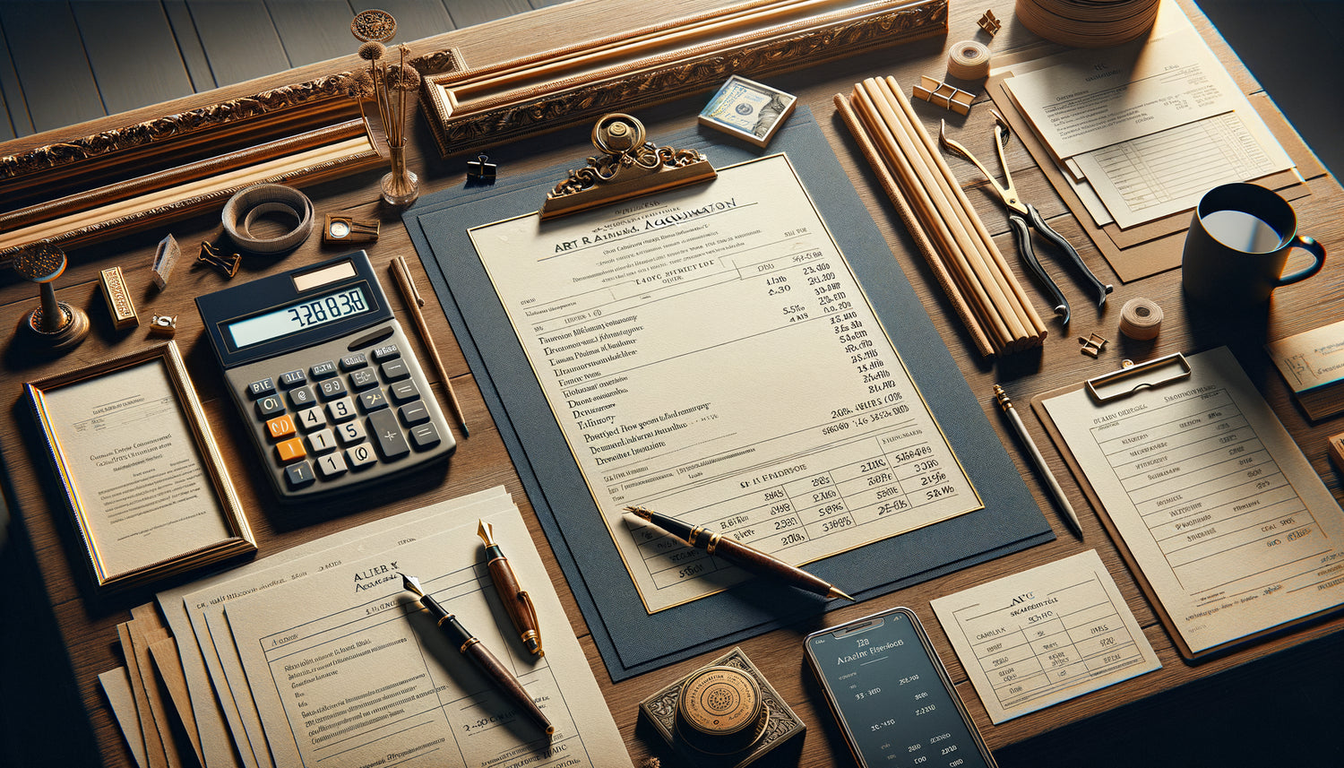 Calcul de budget pour achat de tableau avec documents financiers, factures détaillées et échantillons d'encadrement sur bureau professionnel