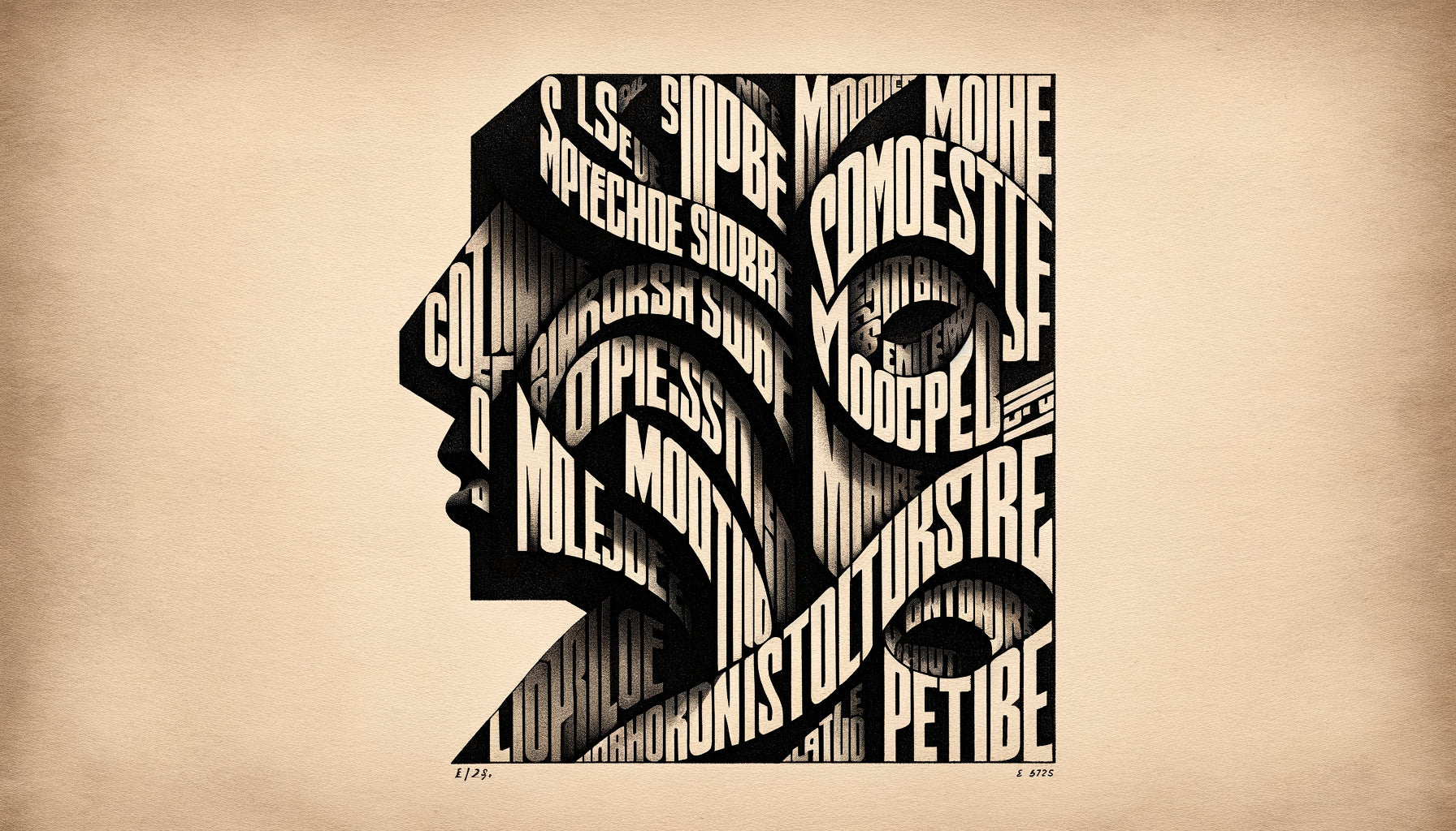 Calligramme noir et blanc d'Apollinaire période 1914-1918, texte poétique formant une image figurative, poésie concrète avant-gardiste