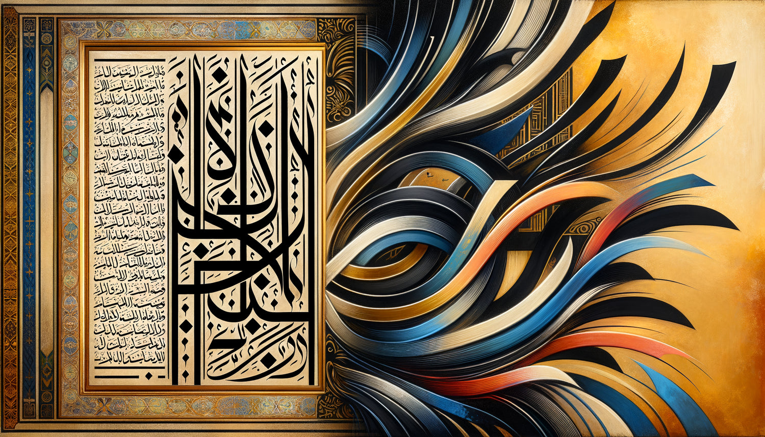 Dialogue visuel entre calligraphie arabe ancienne et abstraction occidentale de Kandinsky, gestes fluides connectés