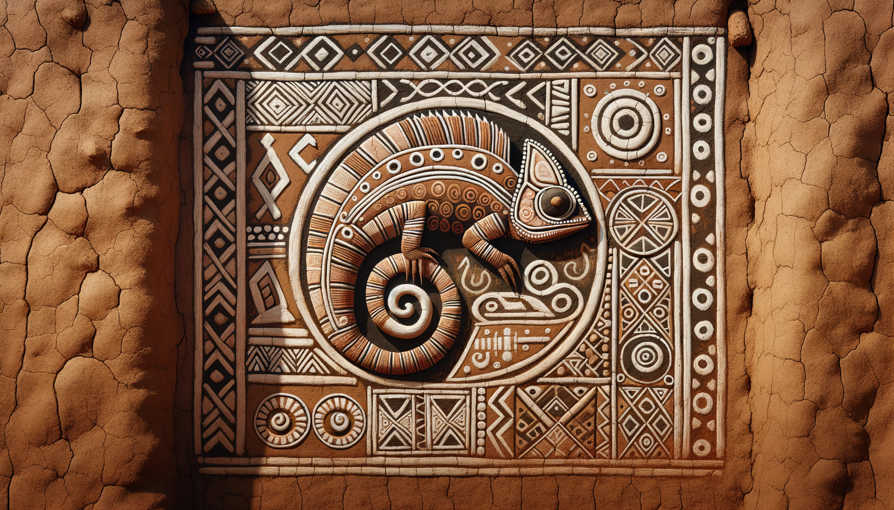 Mur traditionnel d'Afrique centrale orné de caméléons stylisés aux motifs géométriques ancestraux, pigments naturels ocre et terre