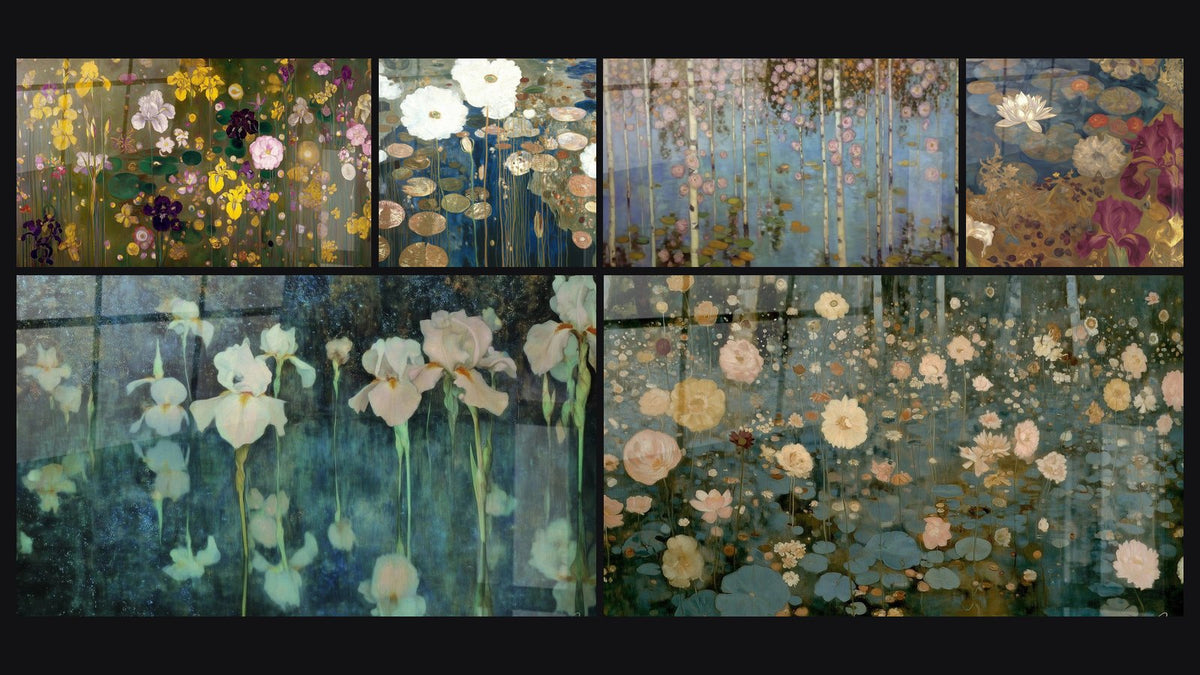 Mosaic of six paintings, including Iris Nostalgia Bloom, White Water Lily Purifier and Forest Floating Pearl