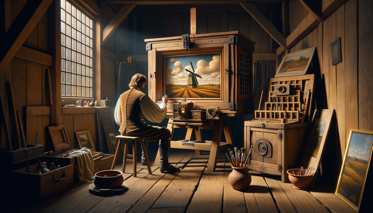 Peintre hollandais du XVIIe siècle utilisant une camera obscura dans son atelier pour tracer un paysage néerlandais projeté