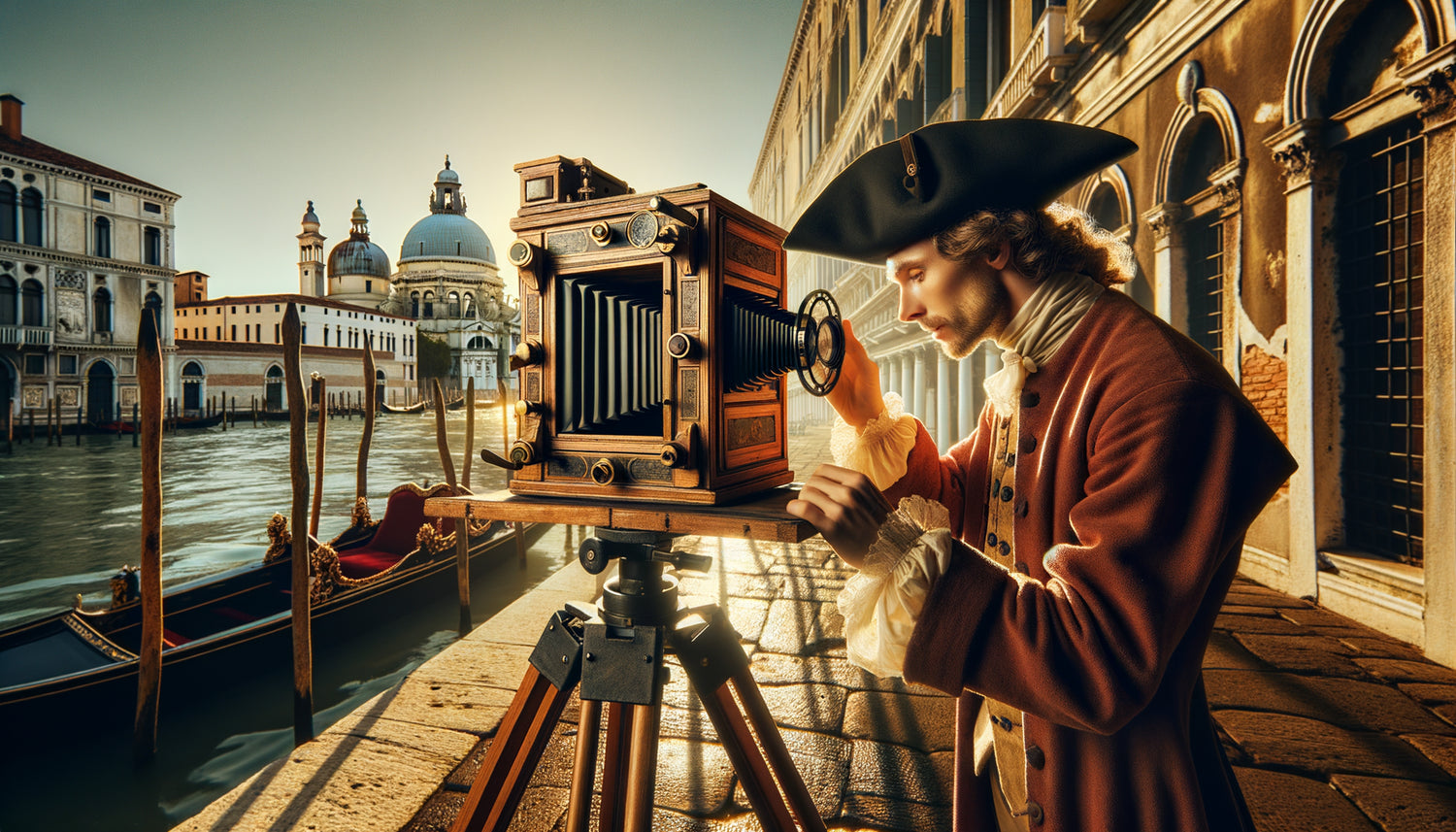 Artiste vénitien du 18ème siècle utilisant une camera obscura face à l'architecture de Venise pour créer une veduta