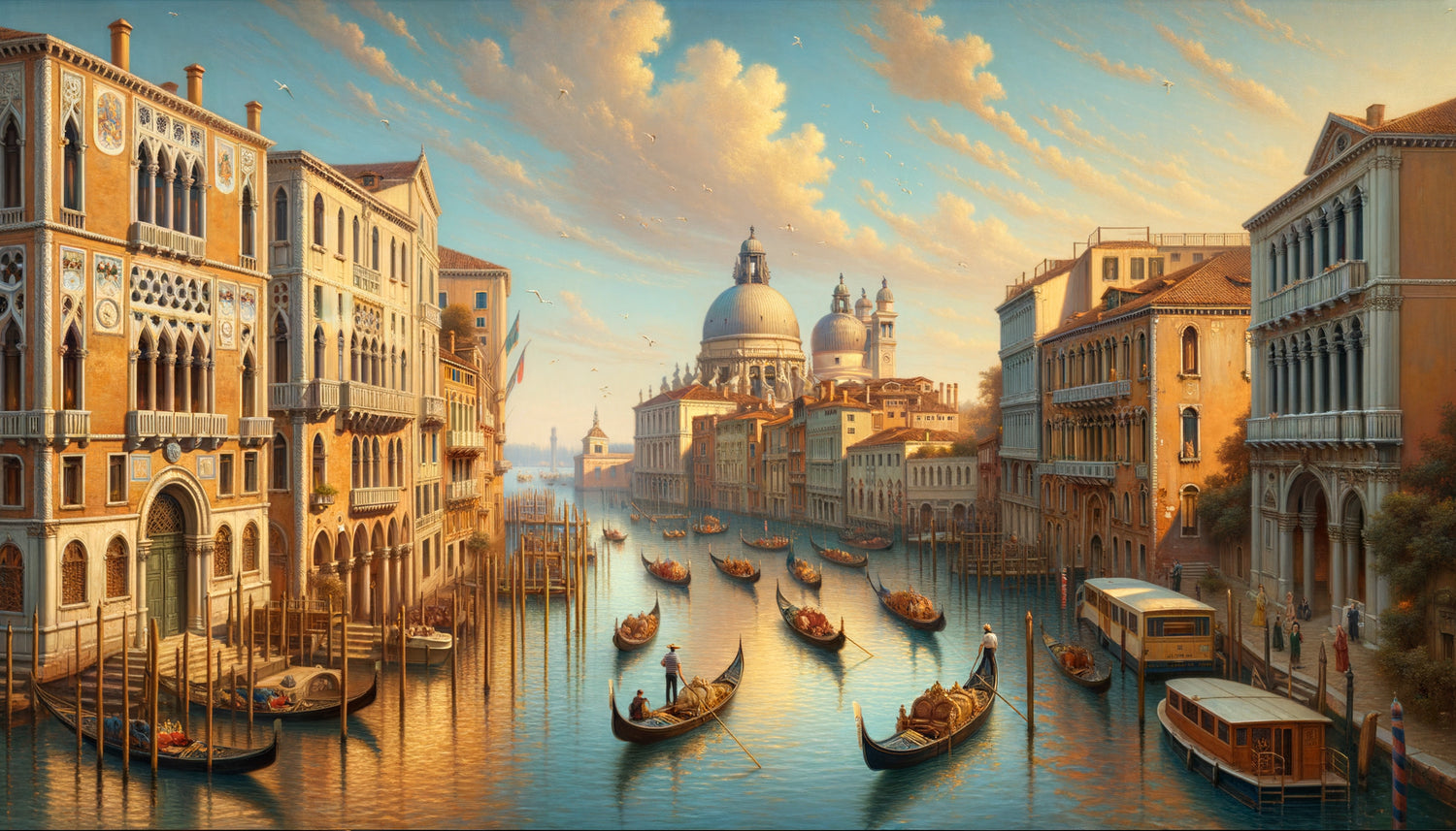 Veduta vénitienne dans le style de Canaletto du 18ème siècle, précision architecturale et composition artistique équilibrée