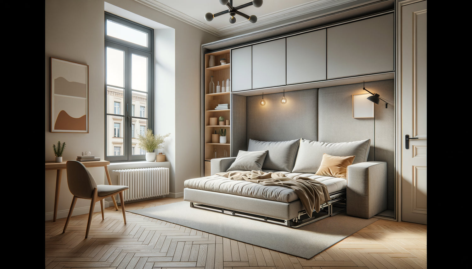 Canapé-lit moderne de qualité dans un studio de location courte durée, mécanisme déplié montrant le matelas confortable