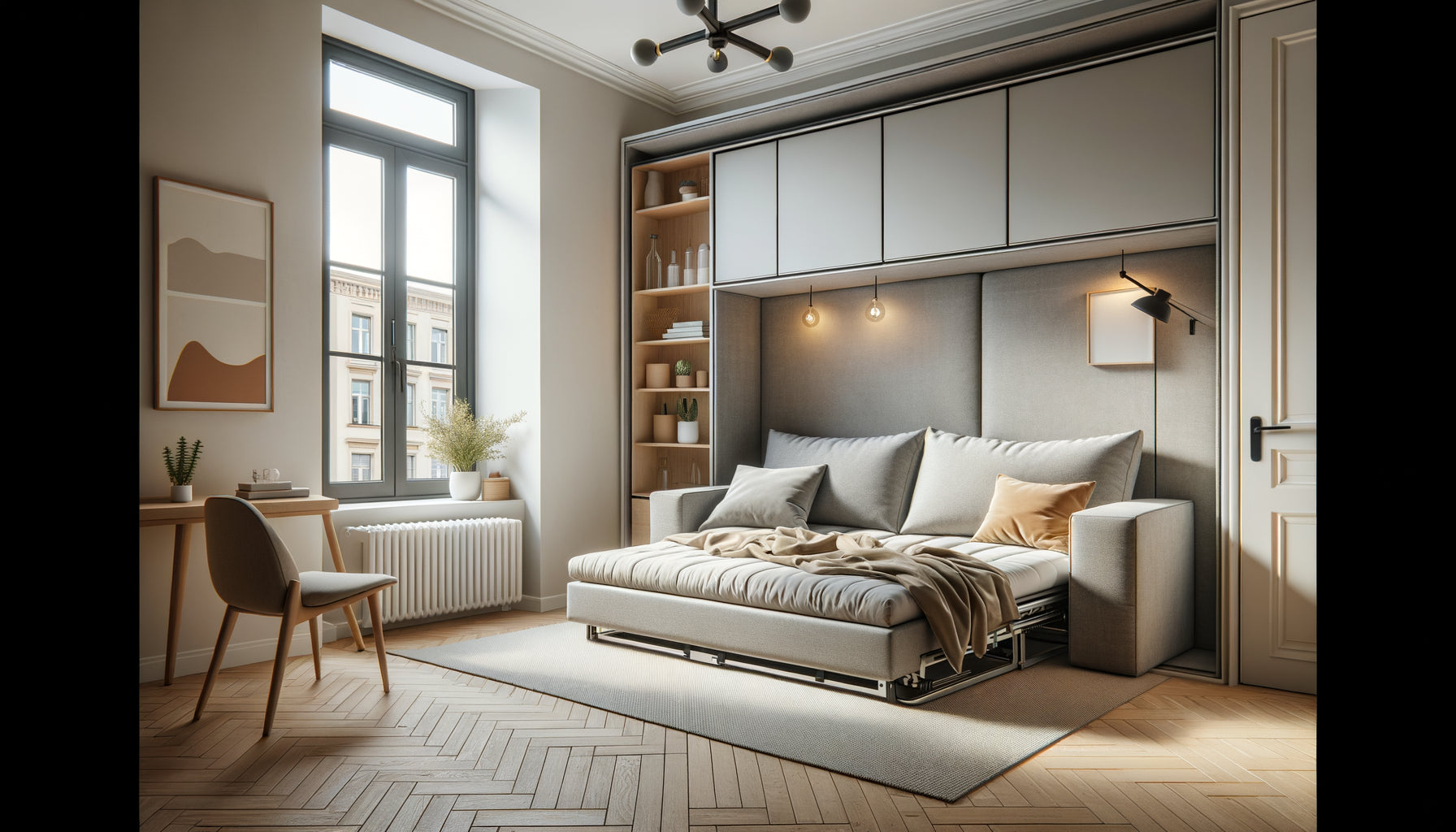 Canapé-lit moderne de qualité dans un studio de location courte durée, mécanisme déplié montrant le matelas confortable