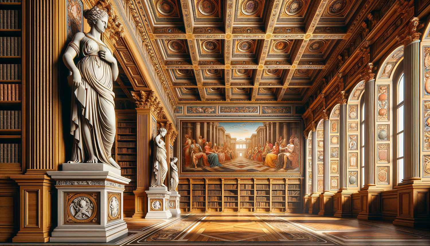 Bibliothèque Renaissance italienne montrant cariatides sculptées en marbre et cariatides peintes en trompe-l'œil côte à côte
