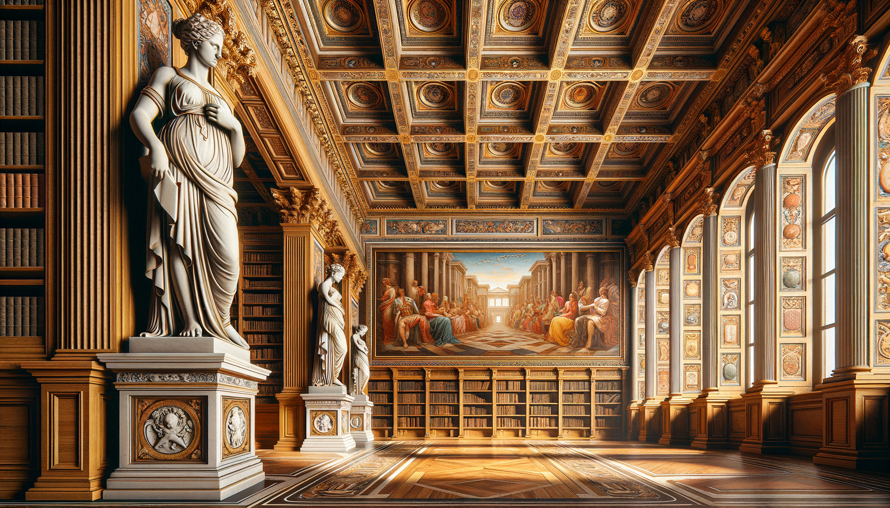 Bibliothèque Renaissance italienne montrant cariatides sculptées en marbre et cariatides peintes en trompe-l'œil côte à côte