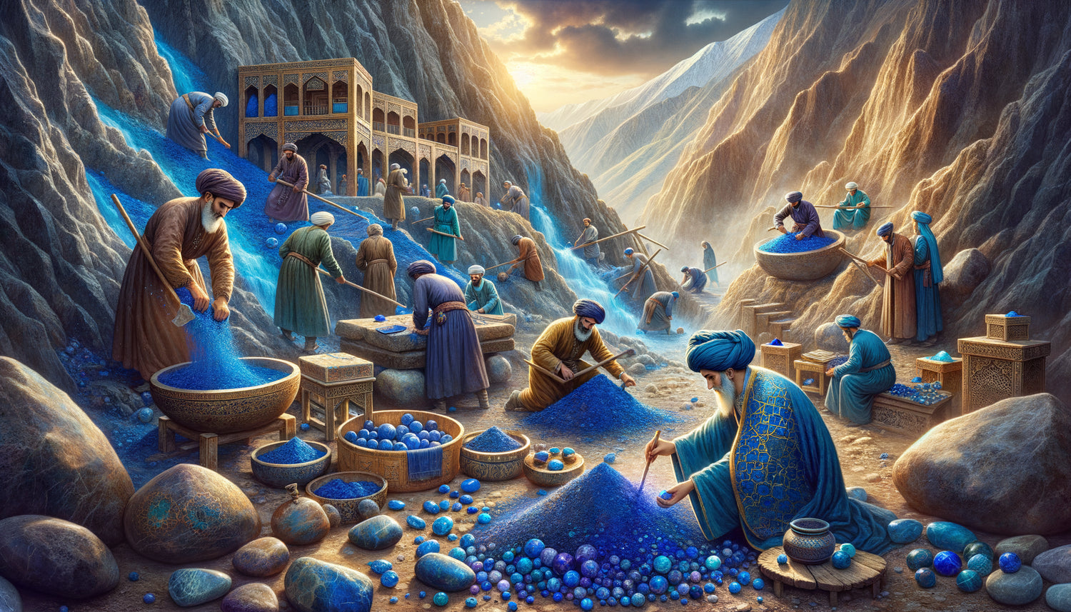 Carrières de lapis-lazuli de Badakhshan période perse médiévale, extraction du pigment outremer naturel bleu intense