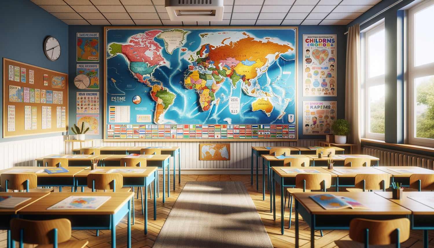 Classe de CM2 moderne avec grand planisphère illustré coloré au mur, ambiance pédagogique lumineuse et accueillante