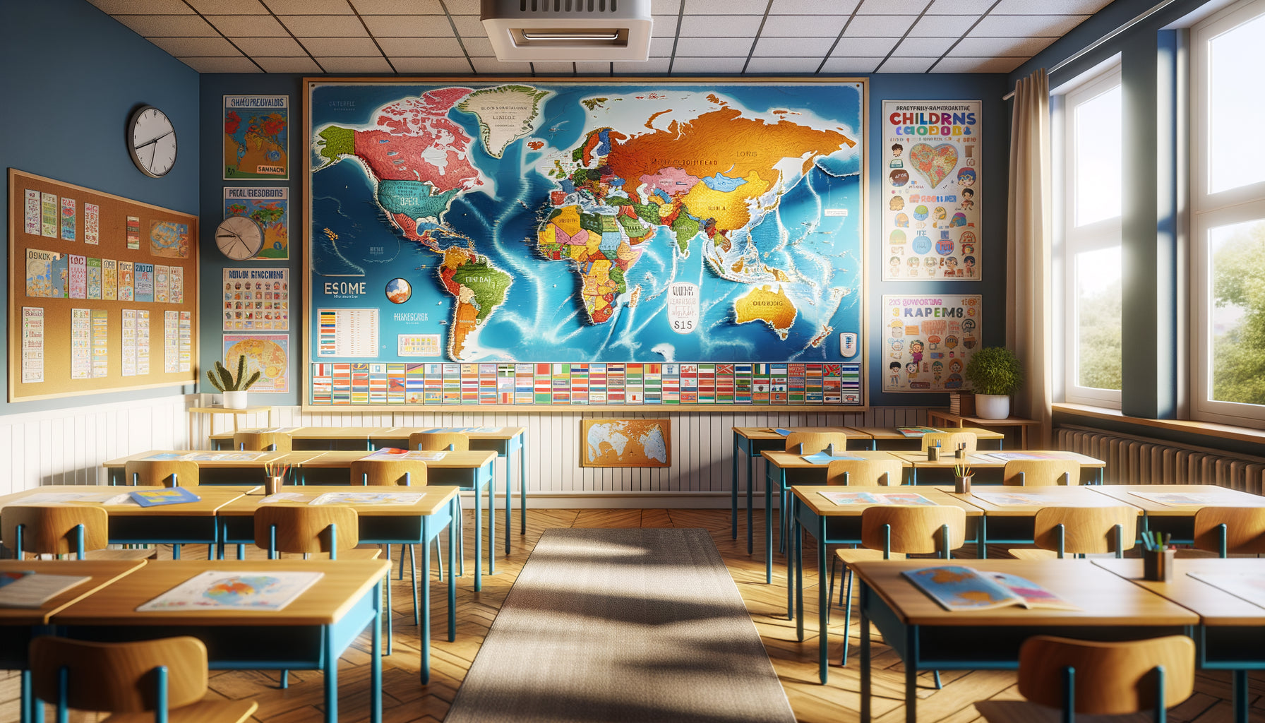 Classe de CM2 moderne avec grand planisphère illustré coloré au mur, ambiance pédagogique lumineuse et accueillante