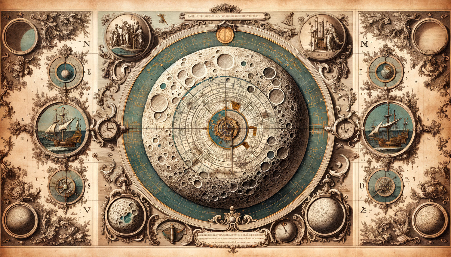 Carte lunaire scientifique gravée du XVIIIe siècle avec ornements baroques et cartographie astronomique détaillée