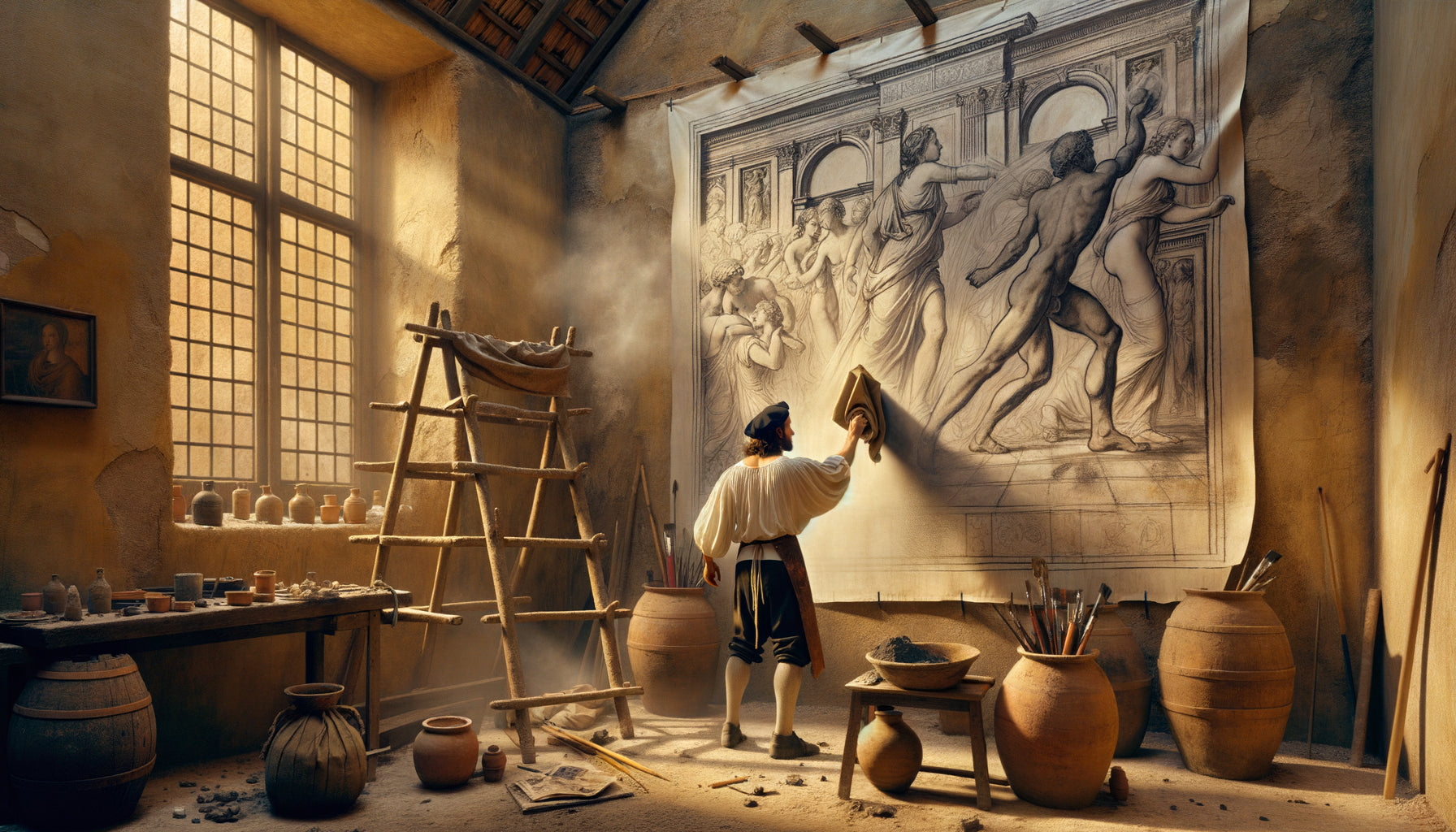 Atelier Renaissance montrant un artiste transférant un carton préparatoire à échelle réelle sur l'enduit frais d'une fresque