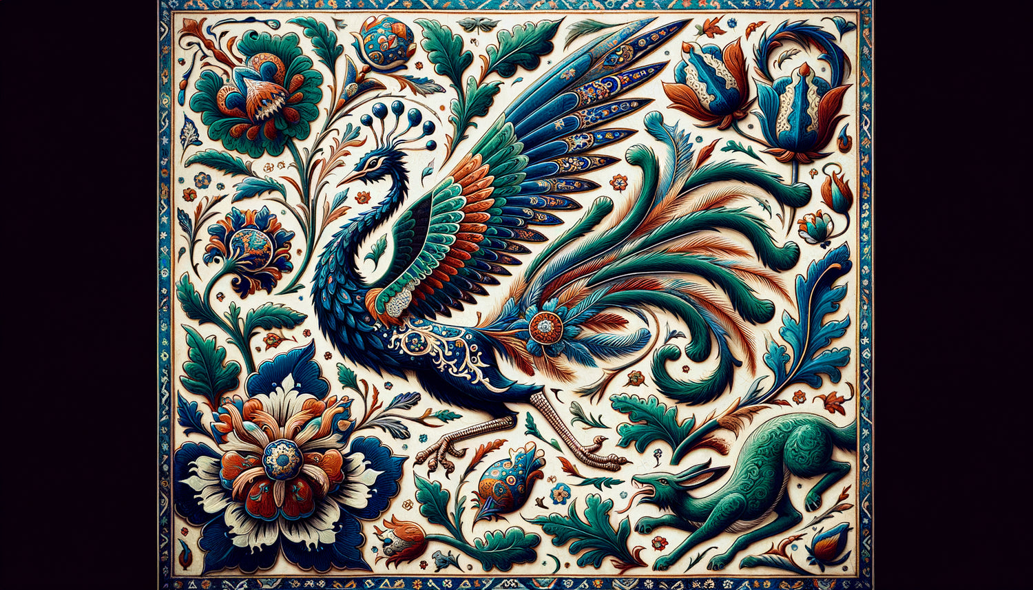Carreau de céramique ottoman d'Iznik du 16-17ème siècle avec paon, dragon et motifs floraux en bleu cobalt et rouge arménien