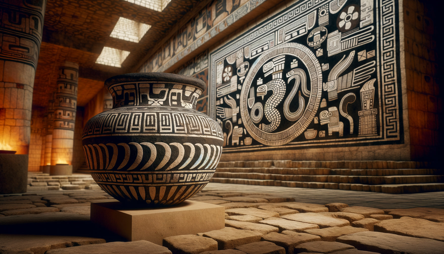 Céramique précolombienne à motifs géométriques noir et blanc devant fresque murale monumentale aux mêmes motifs