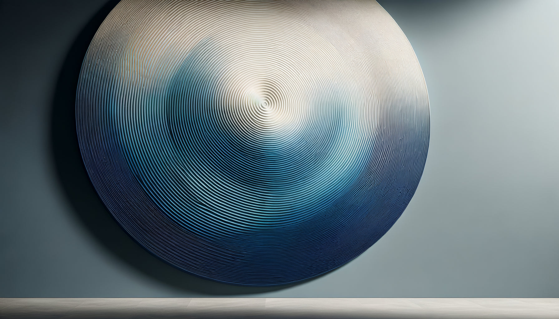 Œuvre contemporaine à cercles concentriques bleu indigo et blanc, motif hypnotique pour exercices de respiration et méditation