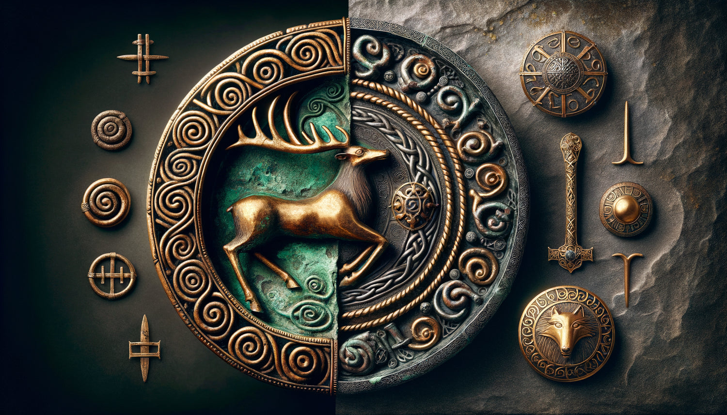 Comparaison art celtique avec cerf ornemental versus art germanique avec symbolique guerrière, objets antiques authentiques