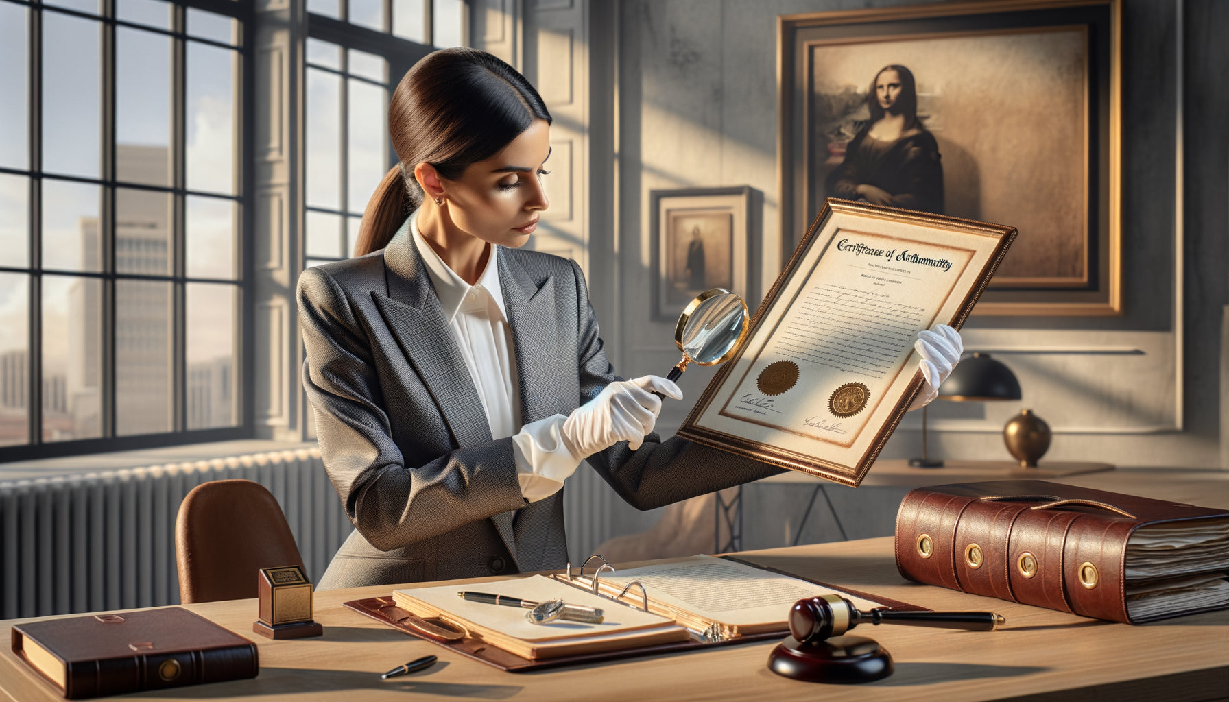 Certificat d'authenticité professionnel pour œuvre d'art mural dans contexte d'établissement de luxe avec documents de certification