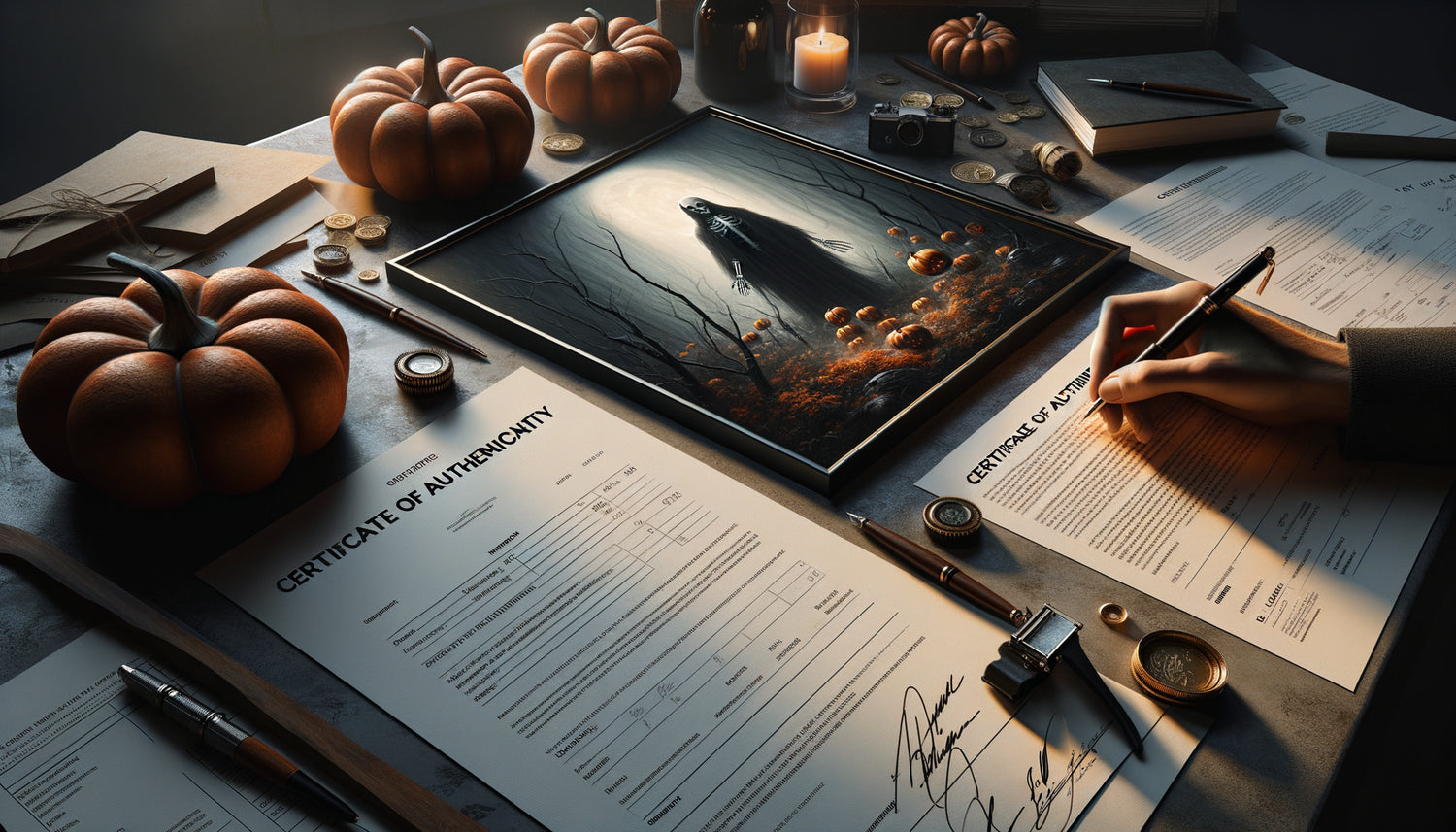 Artiste émergent signant certificat d'authenticité pour tableau Halloween contemporain avec documents de provenance