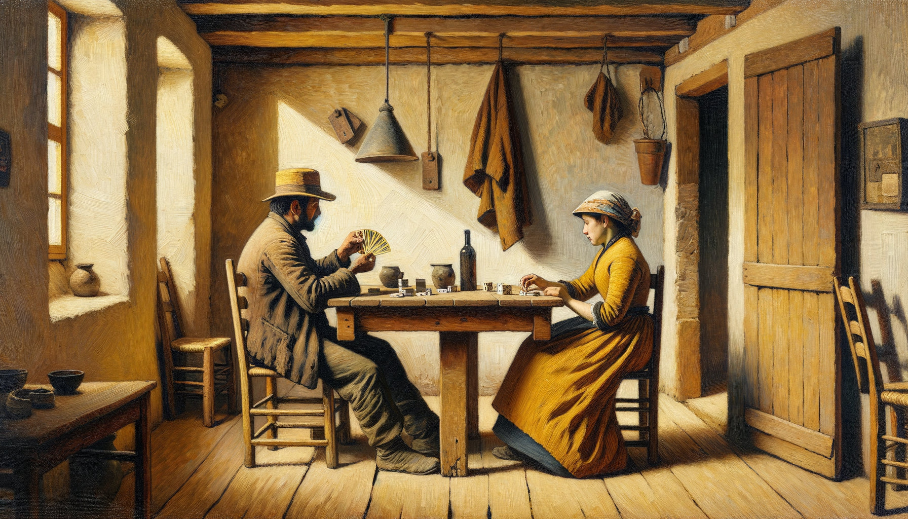 Peinture à l'huile style Paul Cézanne années 1890, deux joueurs de cartes paysans provençaux, technique post-impressionniste géométrique simplifiée