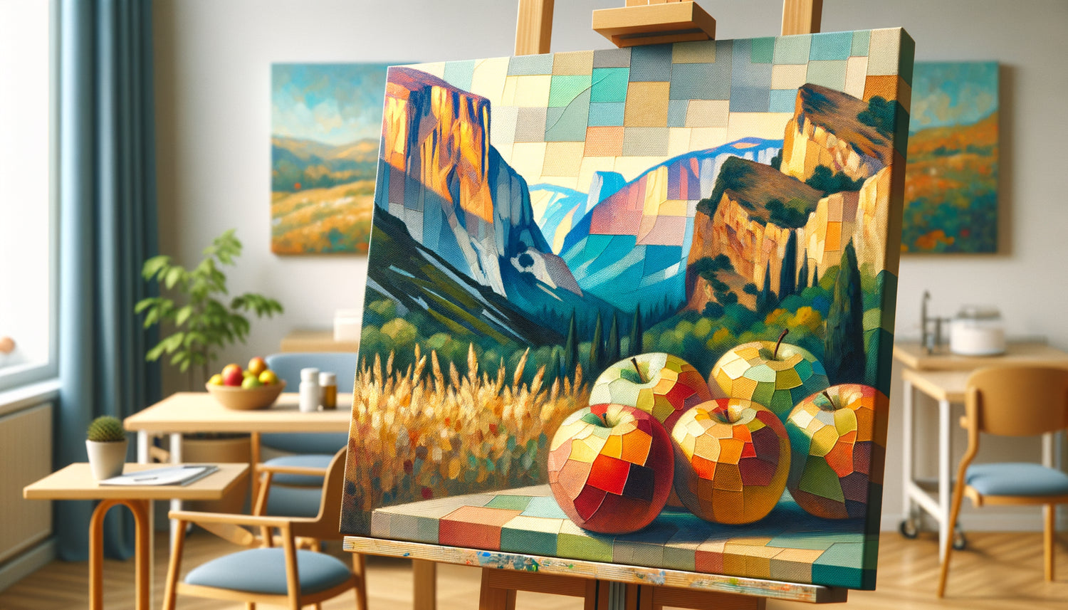 Peinture de Cézanne montrant sa technique géométrique post-impressionniste caractéristique dans un contexte de rééducation neurologique
